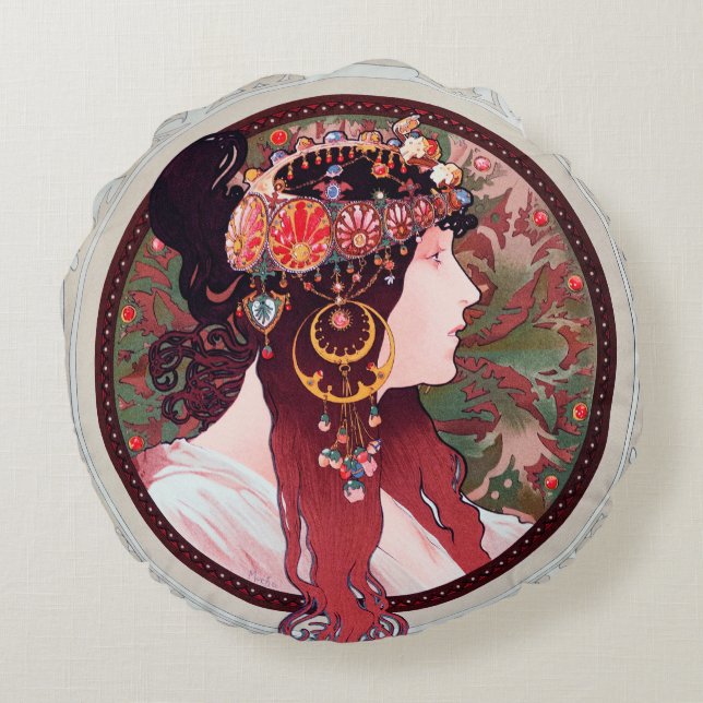 Alphonse Mucha Rundes Kissen (Rückseite)