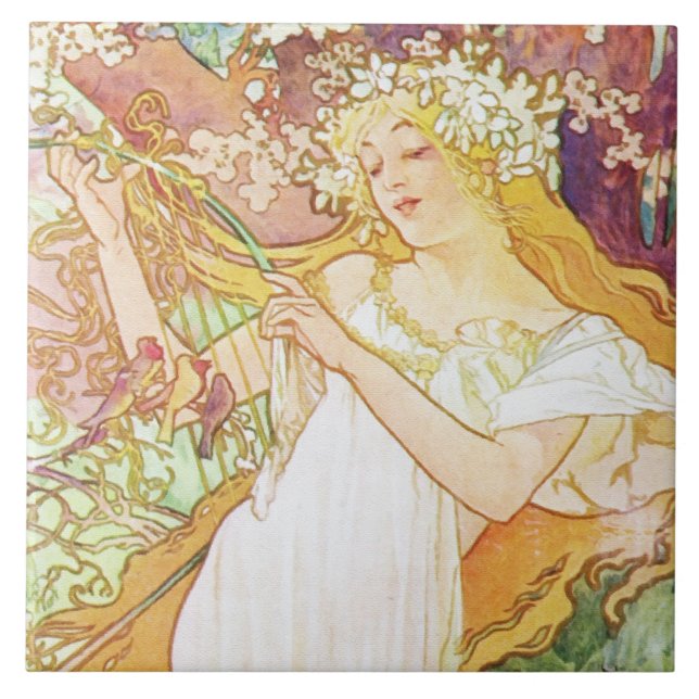 Alphonse Mucha Spring Floral Vintag Jugendstil Fliese (Vorderseite)