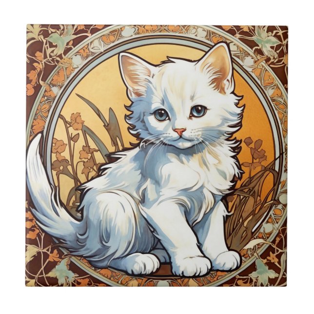 Alphonse Mucha Style Cat Fliese (Vorderseite)