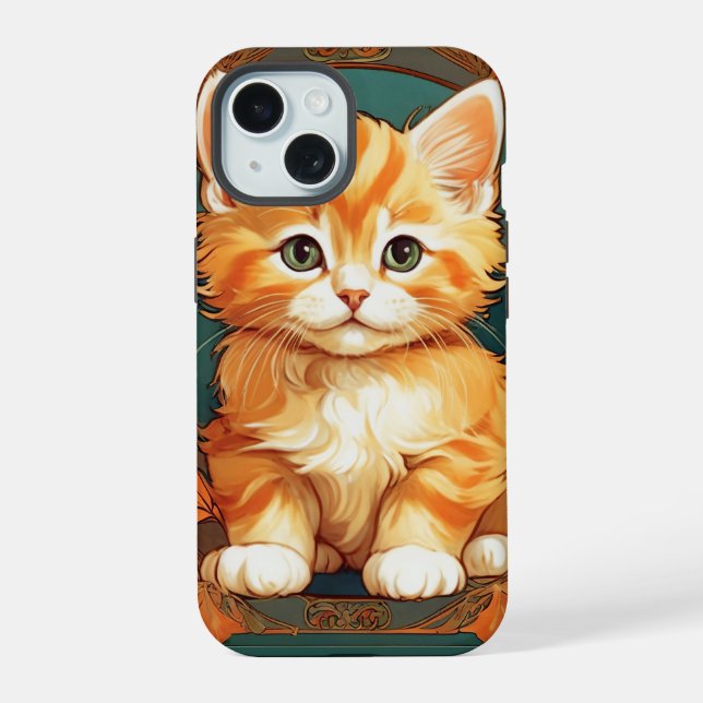 Alphonse Mucha Style Orange Cat iPhone 15 Hülle (Rückseite)