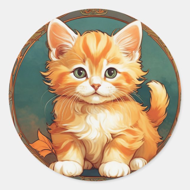 Alphonse Mucha Style Orange Cat Runder Aufkleber (Vorderseite)