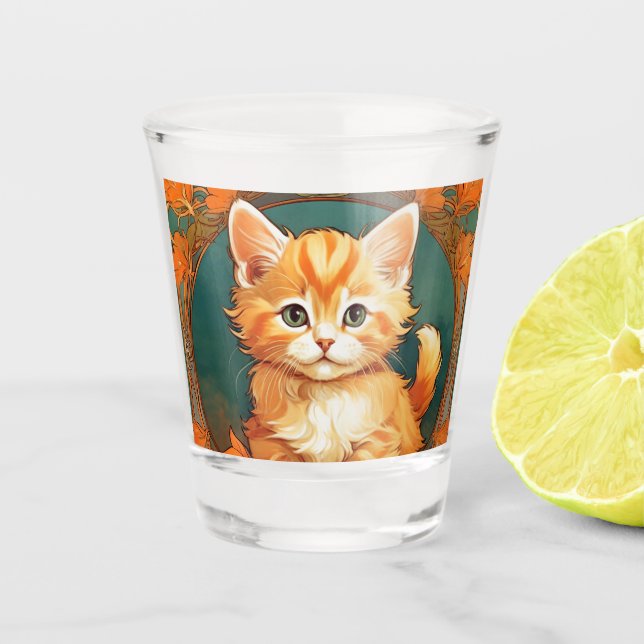 Alphonse Mucha Style Orange Cat Schnapsglas (Vorderseite)