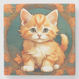 Alphonse Mucha Style Orange Cat Steinuntersetzer