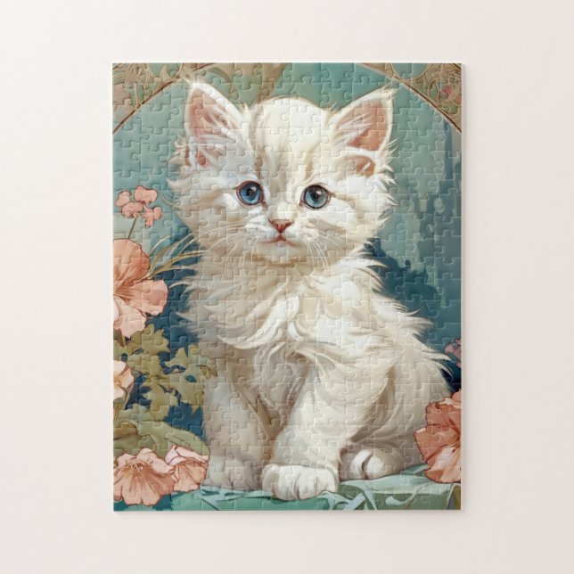 Alphonse Mucha Style White Cat (Vertikal)