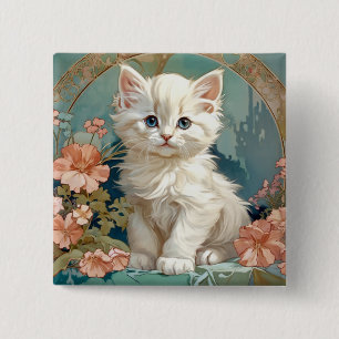 Alphonse Mucha Style White Cat Button