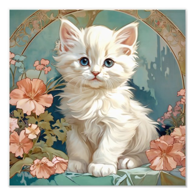 Alphonse Mucha Style White Cat Fotodruck (Vorne)