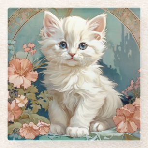Alphonse Mucha Style White Cat Glasuntersetzer