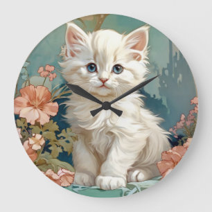 Alphonse Mucha Style White Cat Große Wanduhr