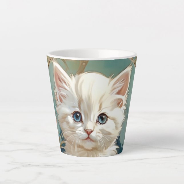 Alphonse Mucha Style White Cat Milchtasse (Vorderseite)
