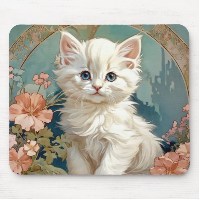 Alphonse Mucha Style White Cat Mousepad (Vorne)