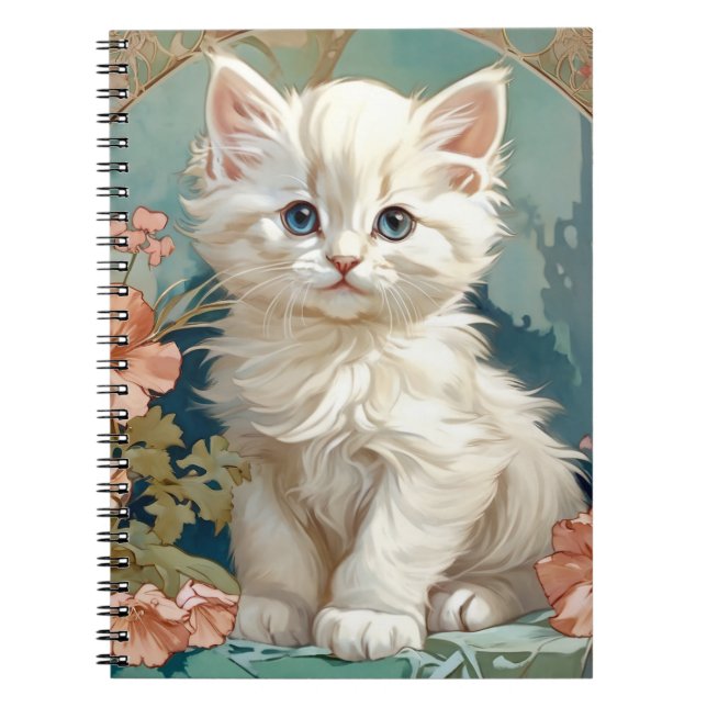 Alphonse Mucha Style White Cat Notizblock (Vorderseite)