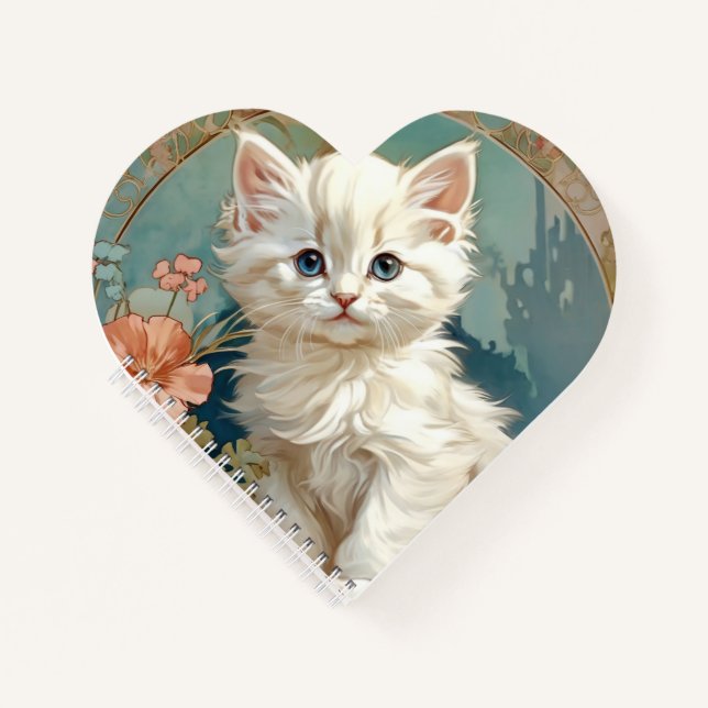 Alphonse Mucha Style White Cat Notizbuch (Vorderseite)