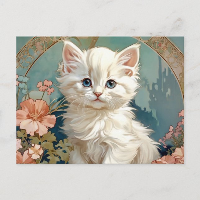 Alphonse Mucha Style White Cat Postkarte (Vorderseite)