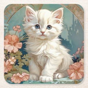 Alphonse Mucha Style White Cat Rechteckiger Pappuntersetzer