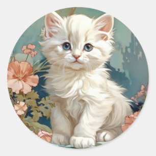 Alphonse Mucha Style White Cat Runder Aufkleber