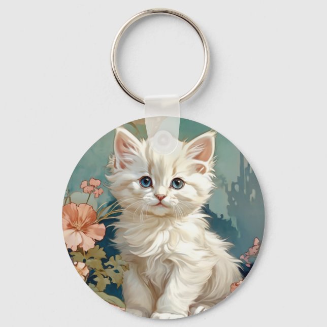 Alphonse Mucha Style White Cat Schlüsselanhänger (Vorderseite)