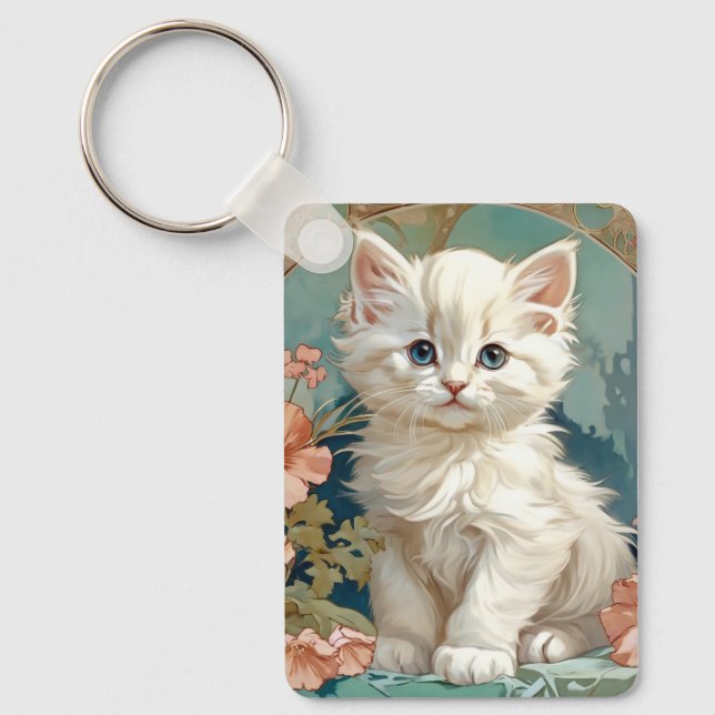 Alphonse Mucha Style White Cat Schlüsselanhänger (Vorderseite)
