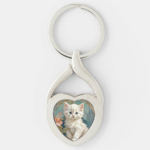 Alphonse Mucha Style White Cat Schlüsselanhänger