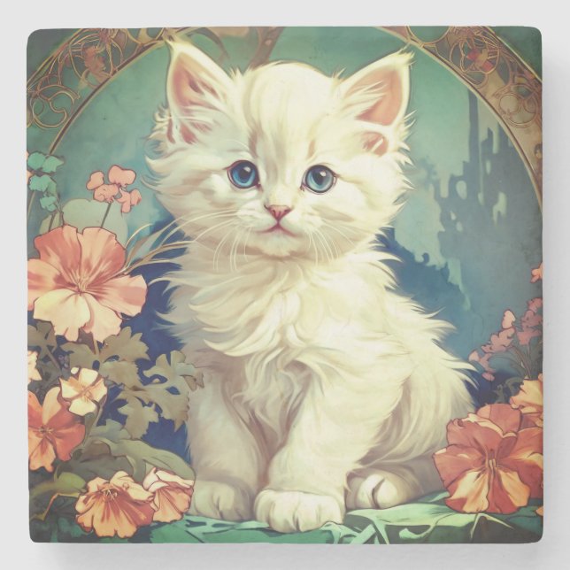 Alphonse Mucha Style White Cat Steinuntersetzer (Vorderseite)