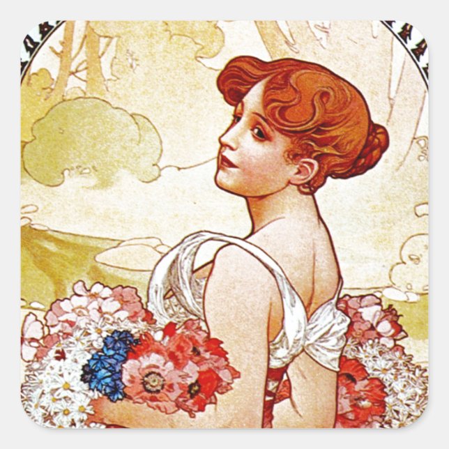 Alphonse Mucha Summer Quadratischer Aufkleber (Vorderseite)