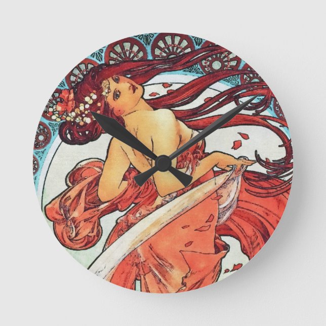 Alphonse Mucha Tanz Vintage Jugendstil-Malerei Runde Wanduhr (Vorderseite)