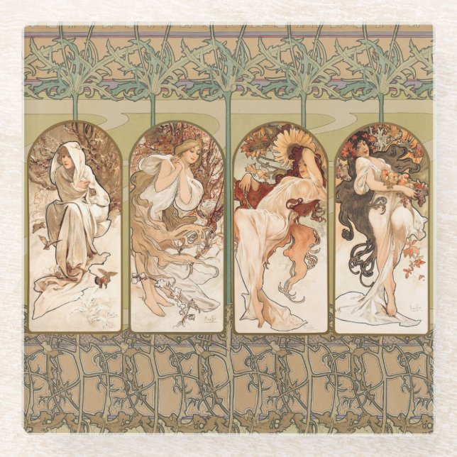 Alphonse Mucha The Seasons 1897 Art Nouveau Glasuntersetzer (Vorderseite)