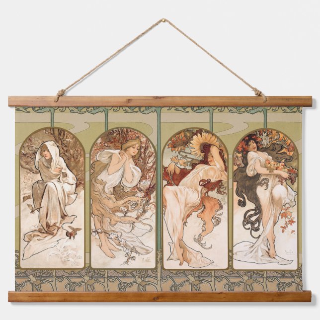 Alphonse Mucha The Seasons 1897 Art Nouveau Wandteppich Mit Holzrahmen (Vorne)
