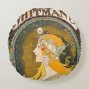 Alphonse Mucha Vintag Whitman's Ad Rundes Kissen