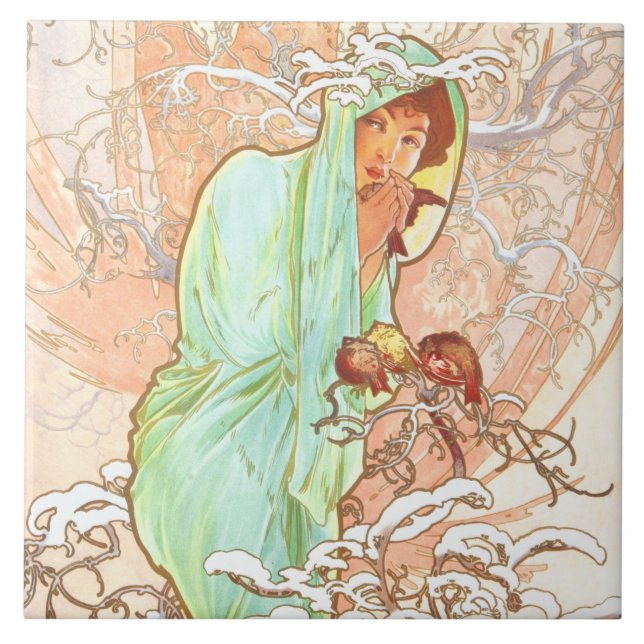 Alphonse Mucha Winter Vintage Jugendstil-Malerei Fliese (Vorderseite)