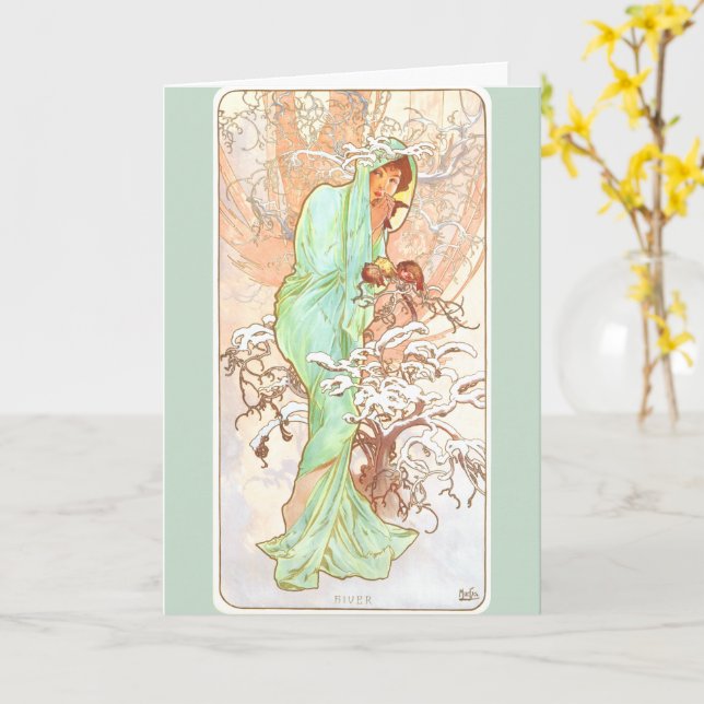 Alphonse Mucha Winter Vintage Jugendstil-Malerei Karte (Gelbe Blume)