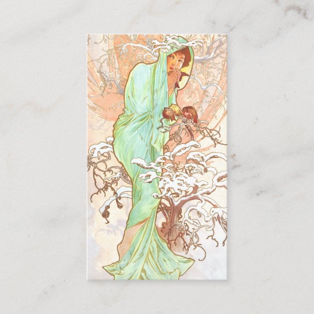Alphonse Mucha Winter Vintage Jugendstil-Malerei Visitenkarte (Vorderseite)