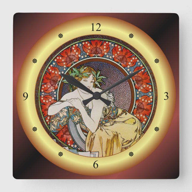 Alphonse Mucha~Woman W/Poppies~Salon des Cent ~ Quadratische Wanduhr (Vorderseite)