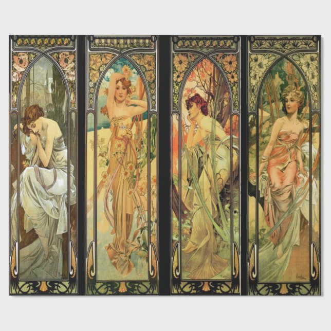 Alphonse Mucha, wunderschöne Ladys, Art Deco Geschenkpapier (Flach)