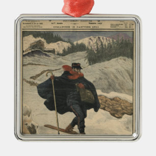 Alpine Briefträger, die Ski verwenden Silbernes Ornament