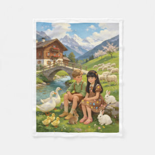 Alpine Kinder und Bauernhoftiere Fleece-Decke Fleecedecke