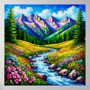 Alpine Landschaft mit blühenden Wildblumen Poster