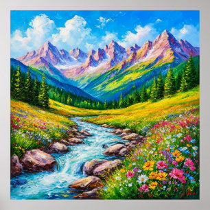 Alpine Landschaft mit blühenden Wildblumen Poster