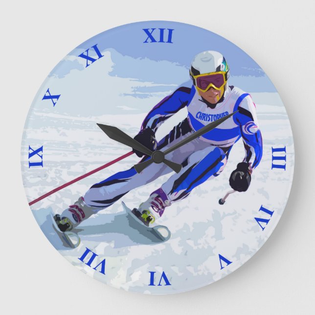Alpine Skier in Blau mit Zeichnend Namen Große Wanduhr (Vorderseite)