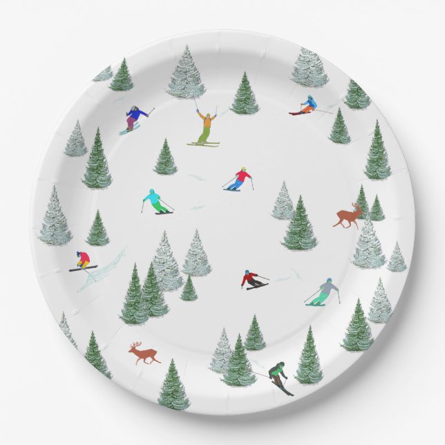 Alpine Skiers Downhill Skiing Illustration  Pappteller (Vorderseite)