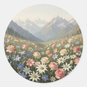 Alpine-Wildblumenwiese Berglandschaftsszene Runder Aufkleber