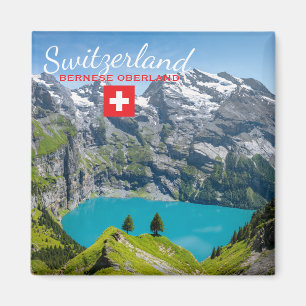 Alpsee Oeschinensee in der Schweiz mit Flagge Magnet