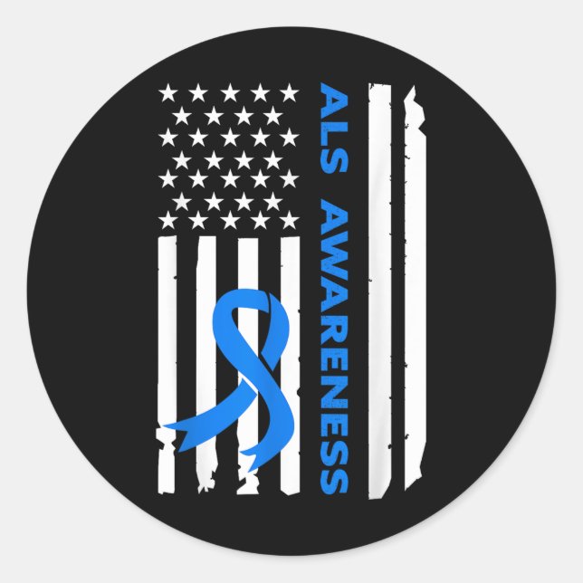 Als Awareness Blue Ribbon American Flag Runder Aufkleber (Vorderseite)