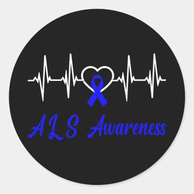 Als Awareness Heartbeat Liebe Blue Ribbon Unterstü Runder Aufkleber (Vorderseite)