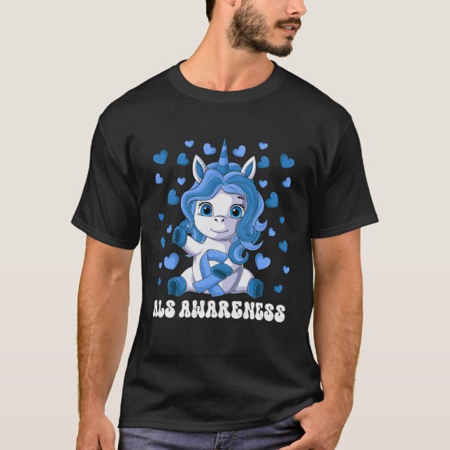 ALS Awareness Month Blue Ribbon Unicorn T-Shirt (Vorderseite)