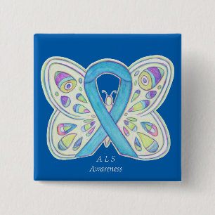 ALS Blue Butterfly Awareness Ribbon Custom Art But Button