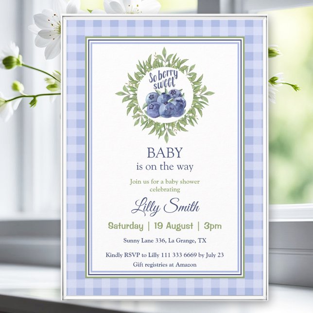 Also Berry Sweet Baby Duwer Blueberry Blue Kariert Einladung (So Berry Sweet Baby Shower Blueberry Blue Plaid Invitation)