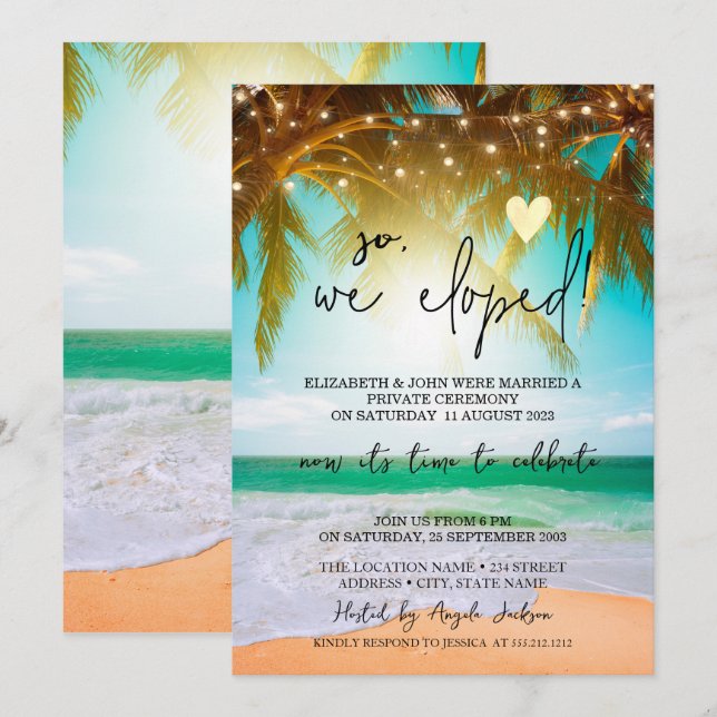 Also haben wir gepeitscht, Beach Palms Hochzeitsfe Einladung (Vorne/Hinten)