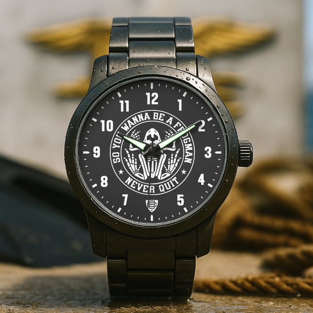 Also willst du ein Froschmann-Patch Schwarz Armbanduhr (So You Wanna Be A Frogman - Never Quit Patch Black Stainless Steel Watch)