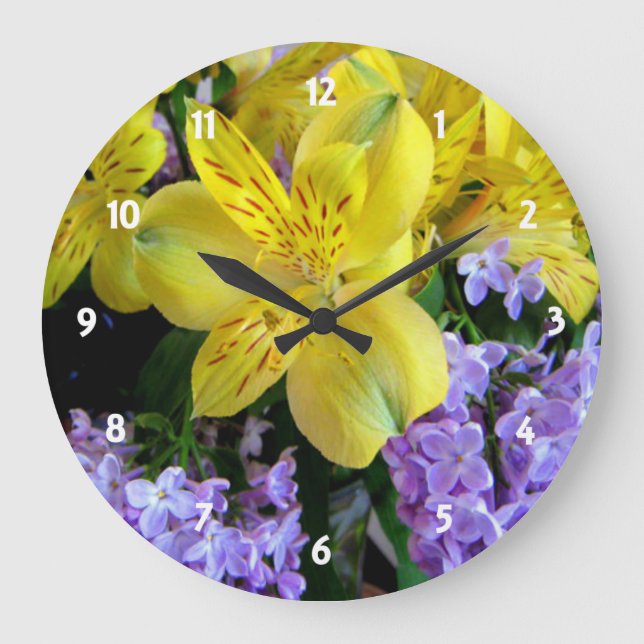Alstroemeria und Flieder-Blumen Große Wanduhr (Vorderseite)