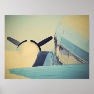 Alt-Antik-Flugzeug-Gelb und Blau 16" x 12" Poster